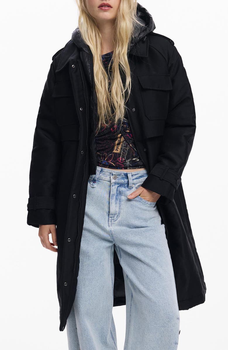 Desigual Padded Longline Trench Coat with Removable Hood, Main, color, Black