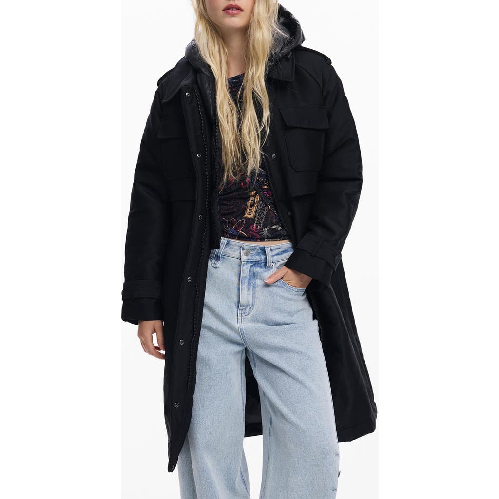 Desigual Padded Longline Trench Coat With Removable Hood In Black