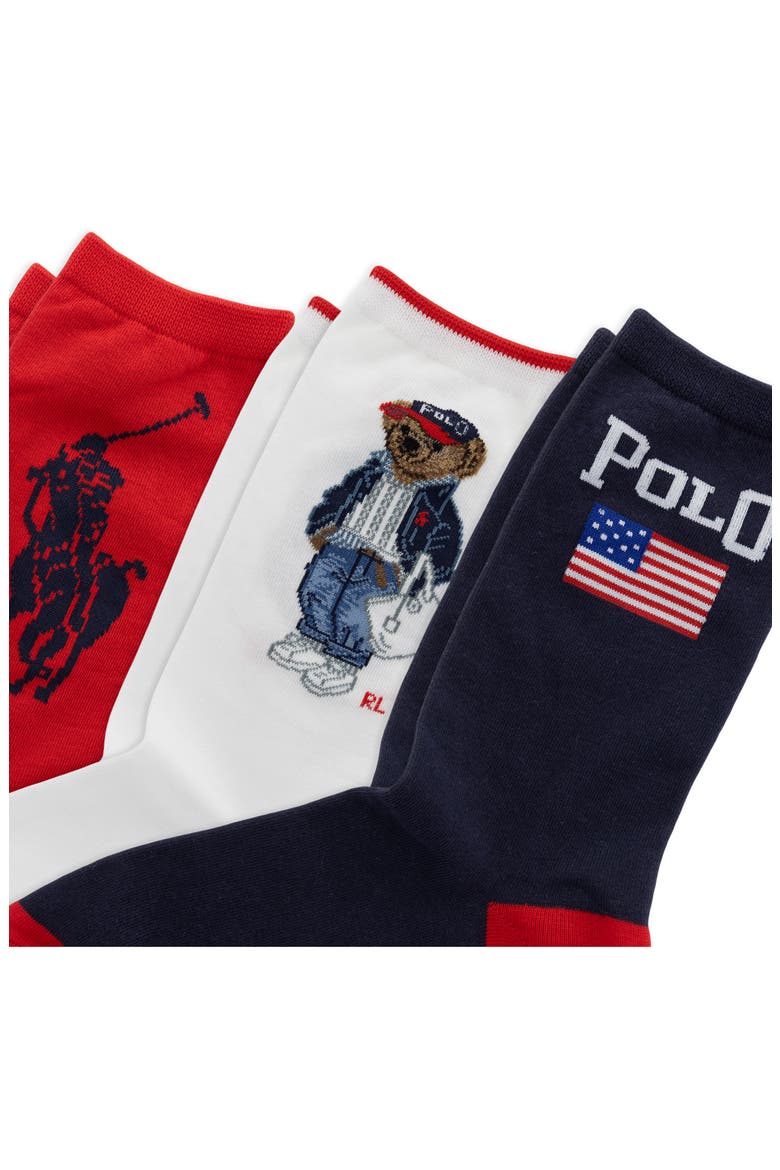Americana Bear Assorted 3-Pack Cotton Blend Crew Socks Gift Box, Alternate, color, RED MULTI