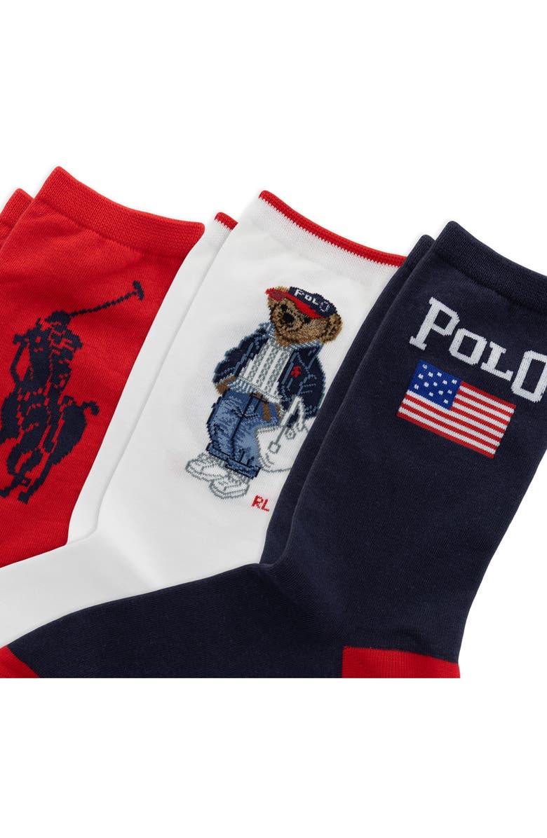 Polo Ralph Lauren Americana Bear Assorted 3-Pack Cotton Blend Crew Socks Gift Box, Alternate, color, Red Multi