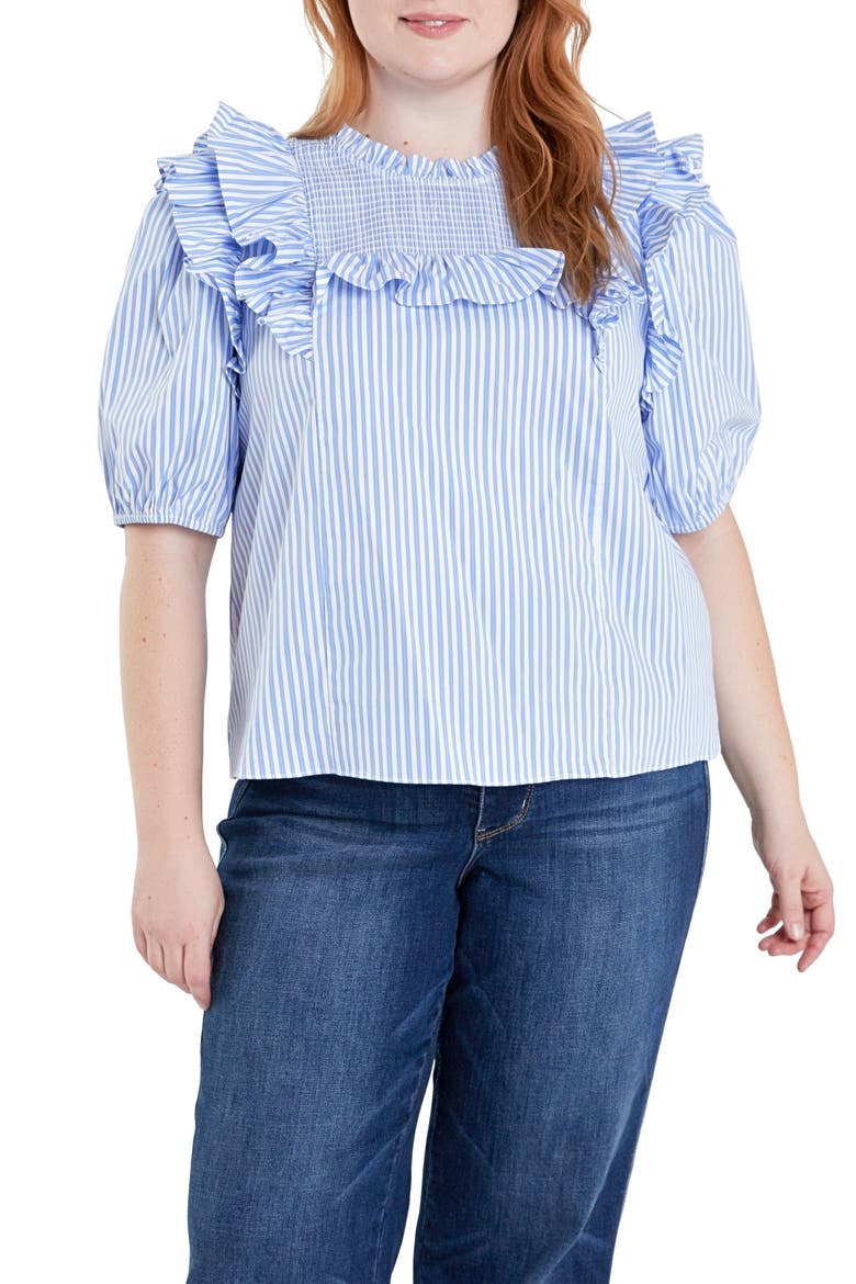 Smocked Ruffle Top, Main, color, WHITE/POWDER BLUE