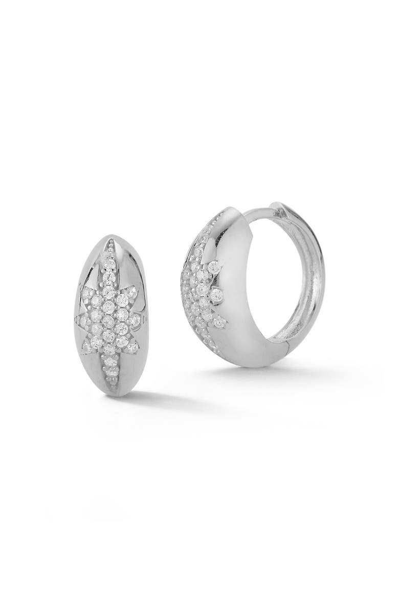 Pavé Cubic Zirconia Starburst Hoop Earrings, Main, color, SILVER