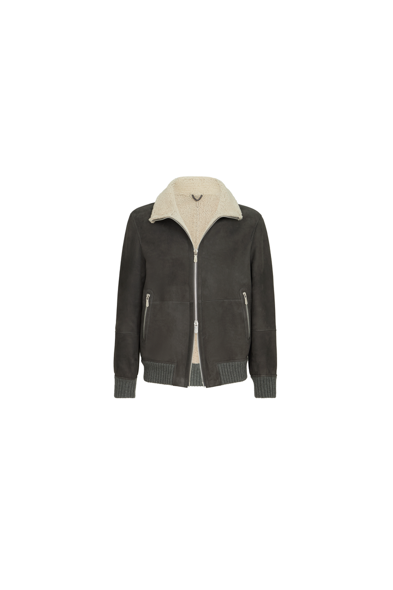 Suede curly shearling bomber jacket, Alternate, color, Grey