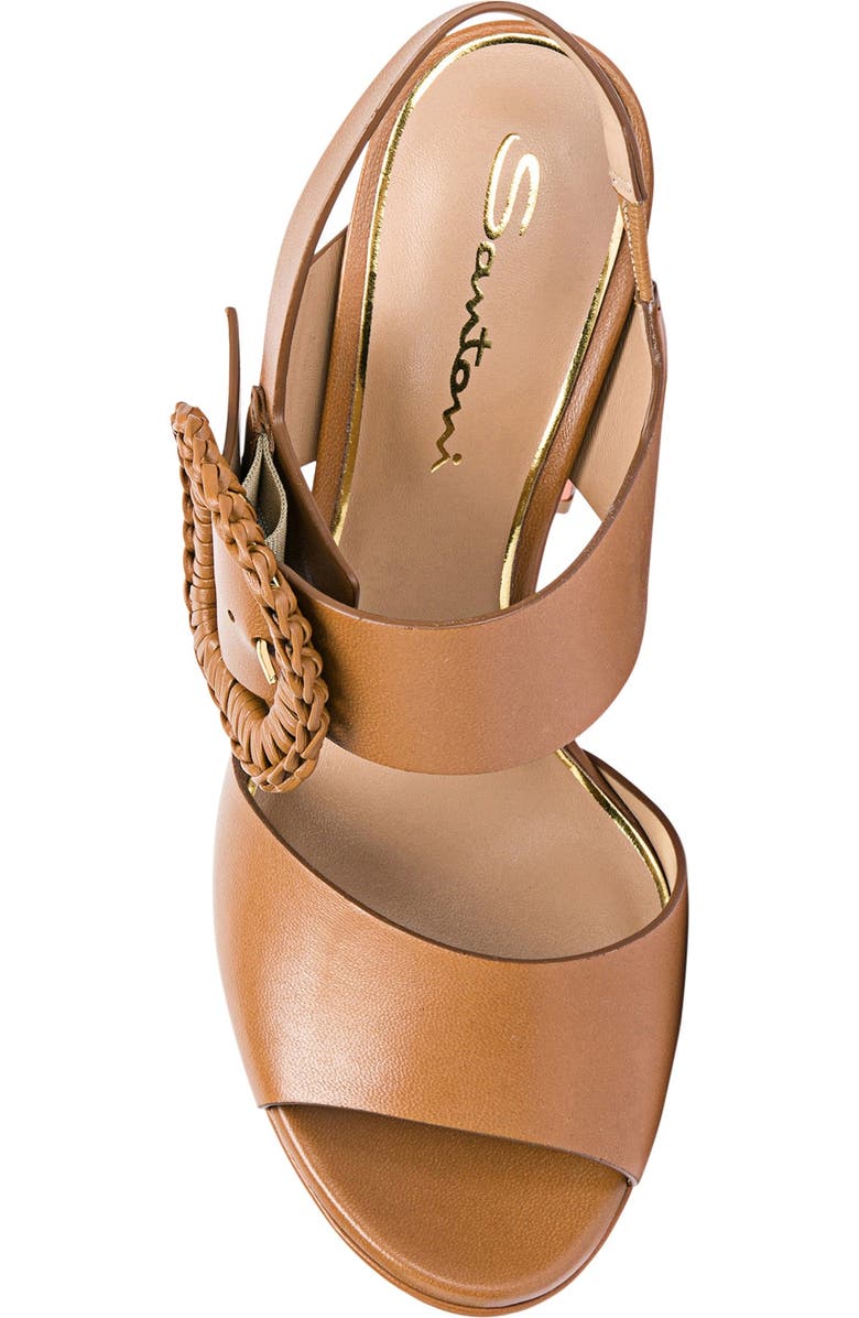 Santoni Leather High-Heel Sandal with Woven Buckle, Alternate, color, Light Brown