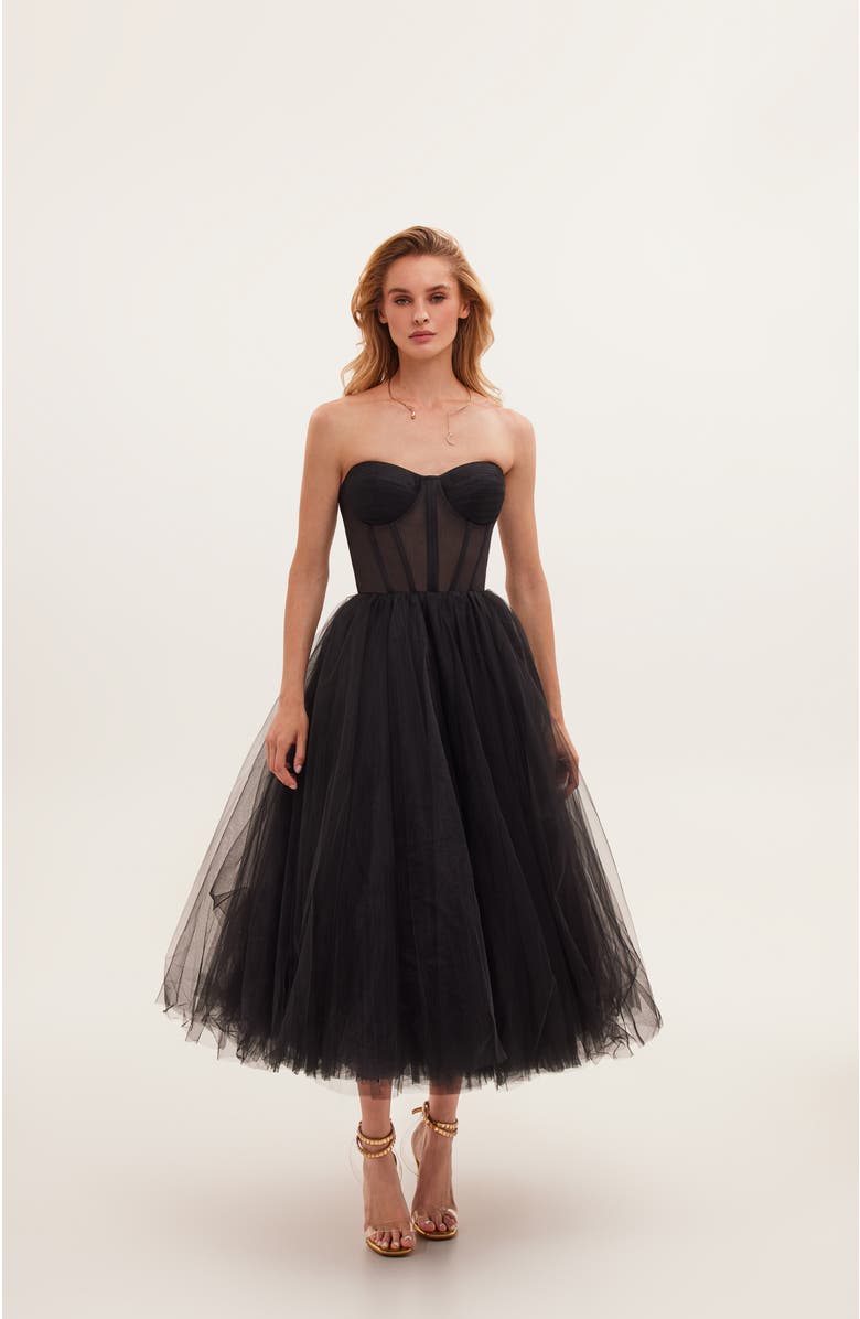 Milla Black Strapless Puffy Midi Tulle Dress, Alternate, color, Black