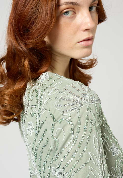Shop Maryisa Occasion Modest Embellished Sequin Beaded Floral High Neck Evening Gown In Sage Green