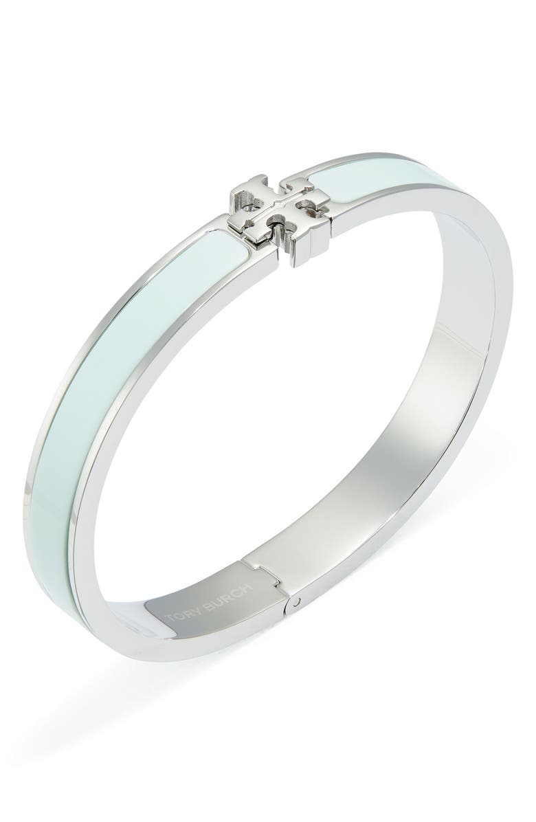 Tory Burch Medium Icon Enamel Bracelet, Alternate, color, Tory Silver / Light Green