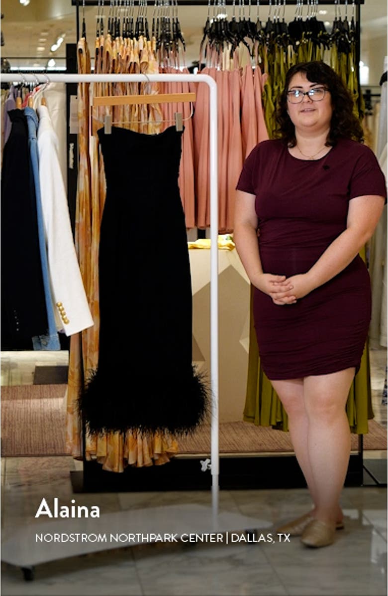 Fionula Strapless Feather Hem Midi Dress, sales video thumbnail