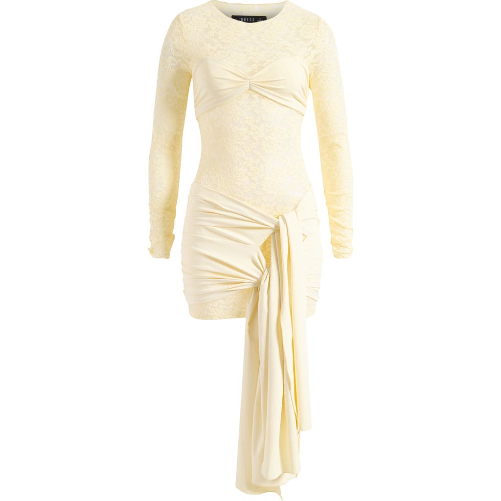 Lioness Midnight Long Sleeve Semisheer Lace Minidress In Butter