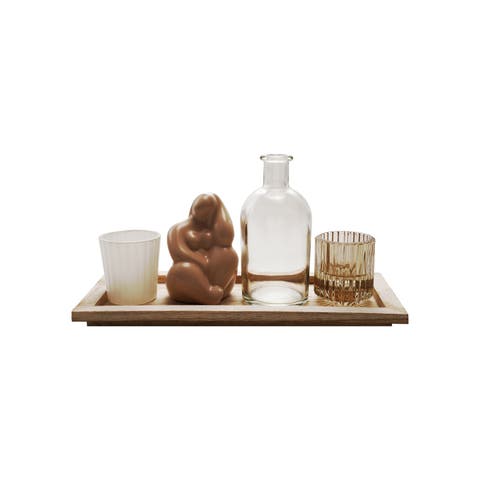2 Glass Tealight/Votive Holders, 1 Vase and 1 Ceramic Figure on a Paulownia Wood Tray, Natural and Multicolor