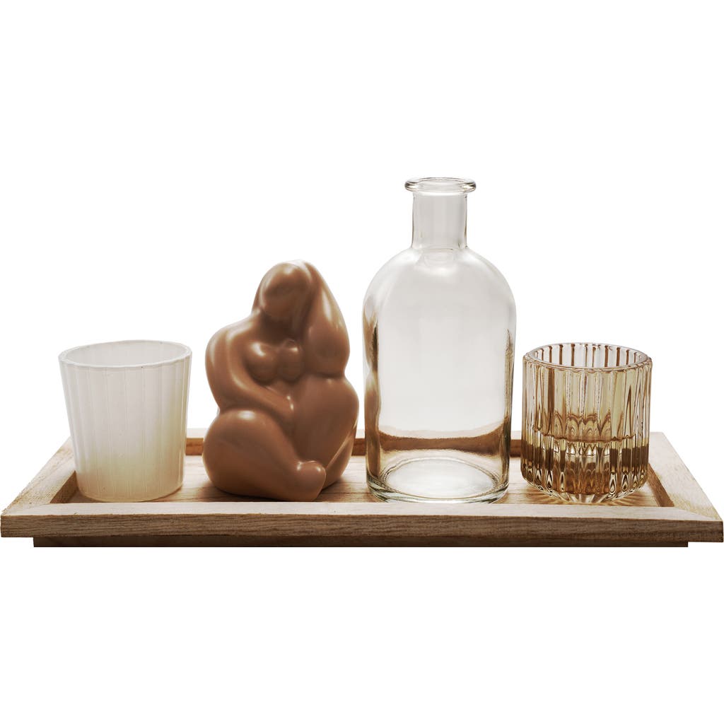 Storied Home 2 Glass Tealight/votive Holders, 1 Vase And 1 Ceramic Figure On A Paulownia Wood Tray, In Multi
