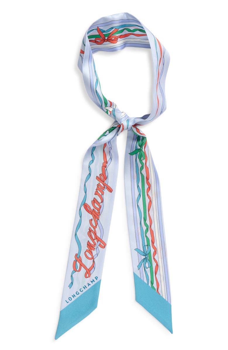 Longchamp Ribbon Print Silk Bandana Scarf, Main, color, Lagoon