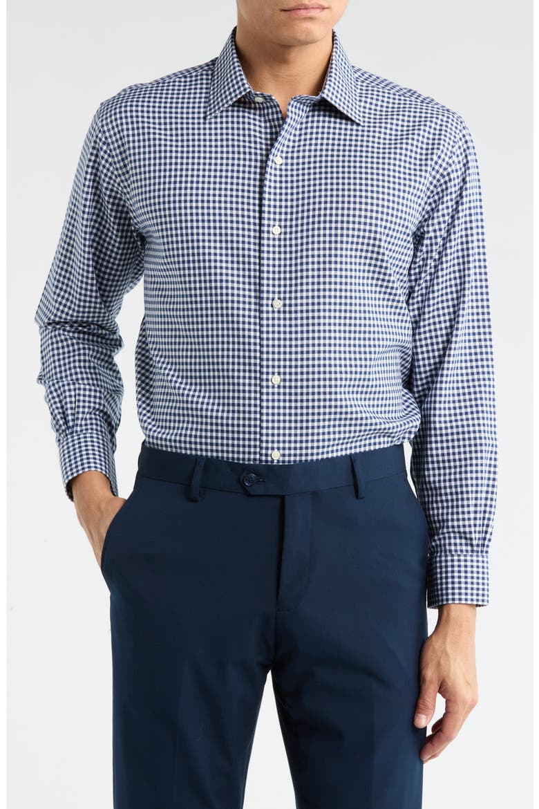 Gingham Print Non-Iron Regular Fit Dress Shirt, Main, color, NAVYGING