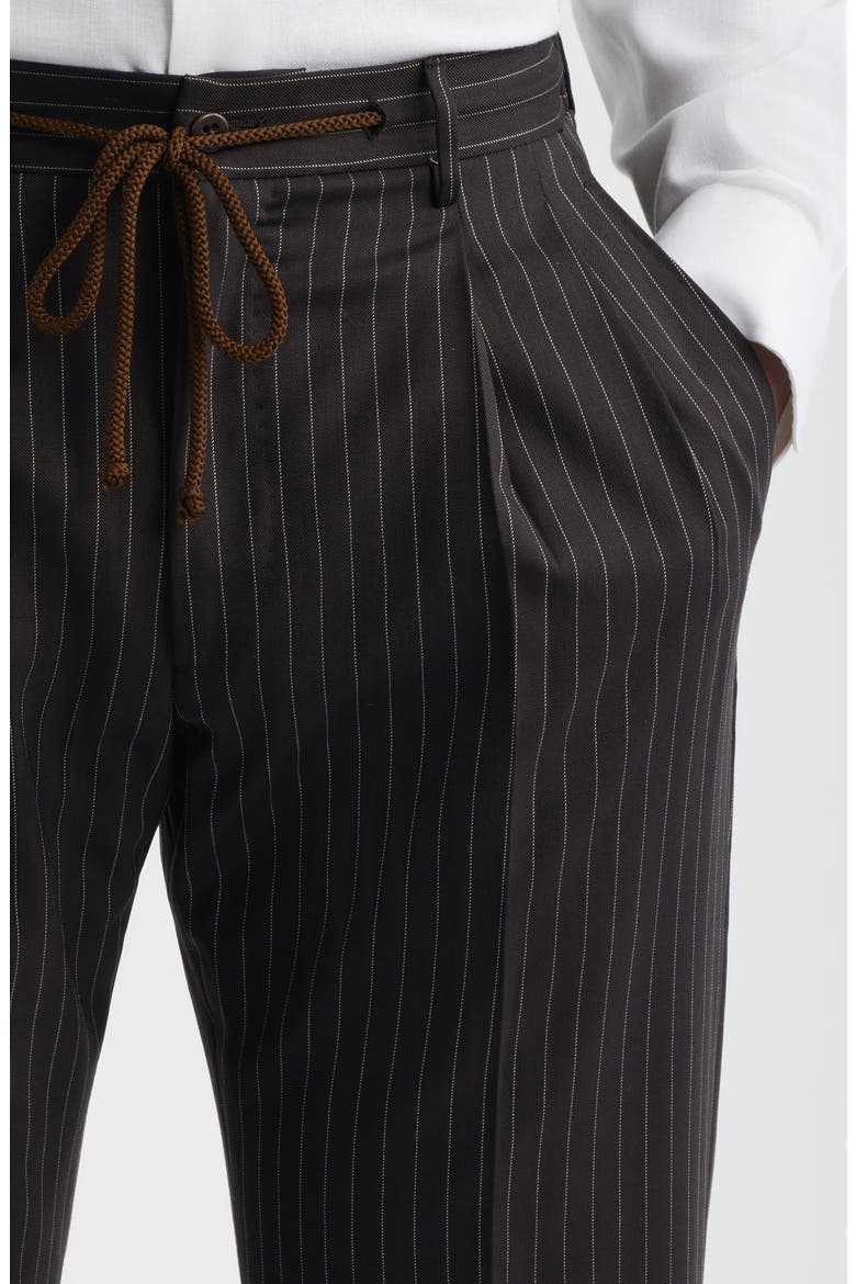 Nova Black Pinstripe Pleated Wool & Cotton Drawstring Dress Pants, Alternate, color, ESPRESSO