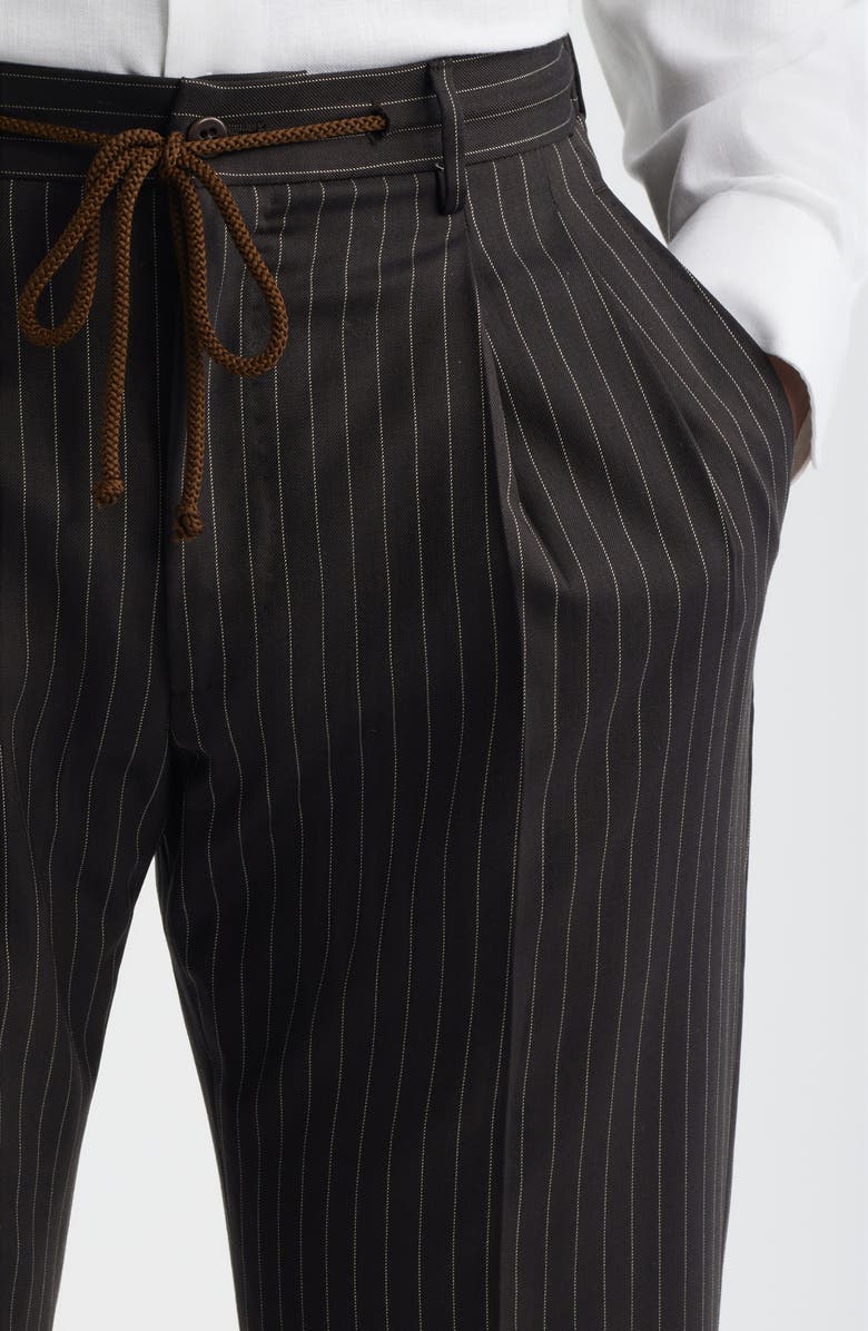 Zanella Nova Black Pinstripe Pleated Wool & Cotton Drawstring Dress Pants, Alternate, color, Espresso