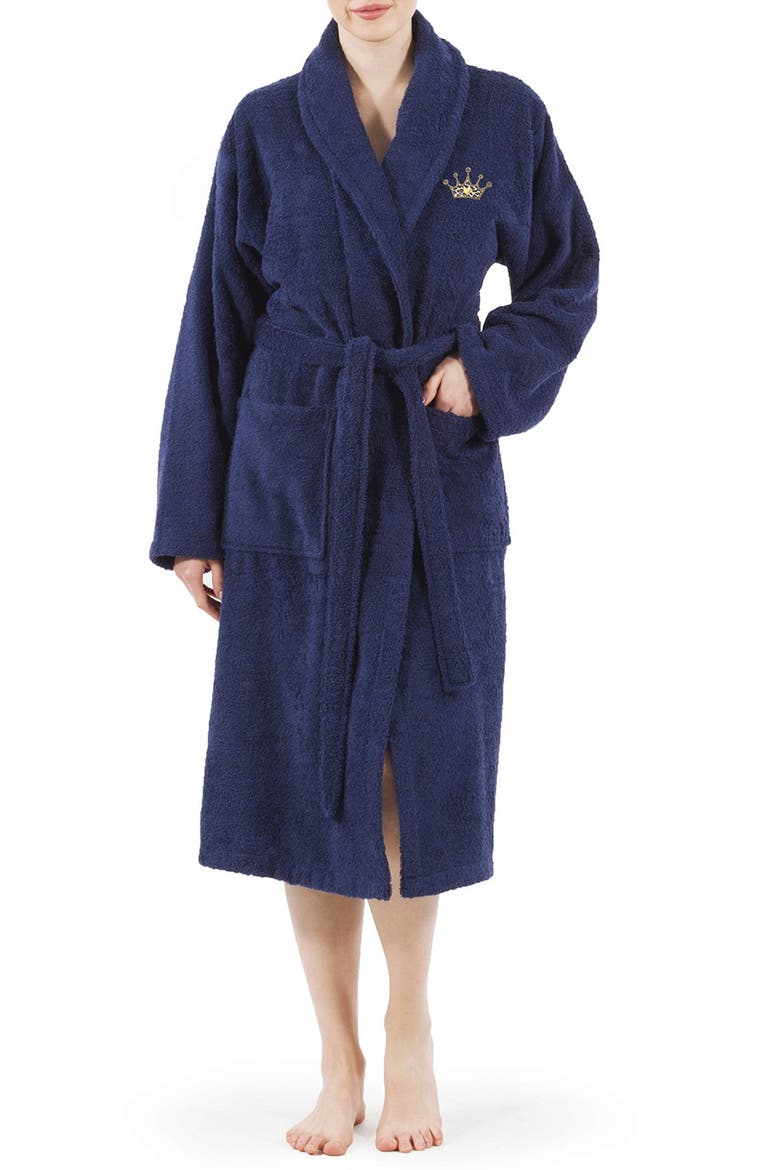 Cheetah Crown Design Embroidered Terry Bathrobe, Main, color, NAVY