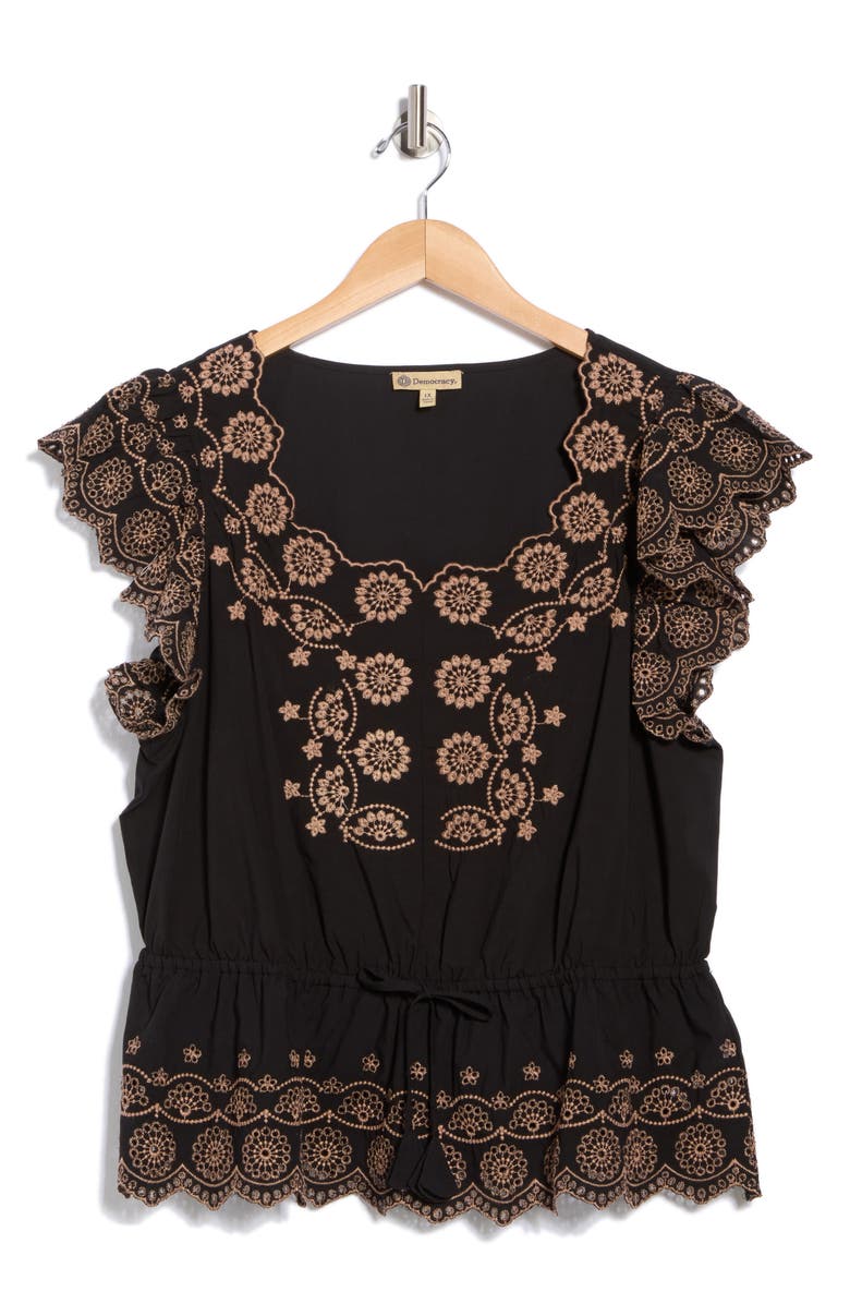 Democracy Embroidered Eyelet Flutter Sleeve Peplum Top, Alternate, color, Black/ Khaki