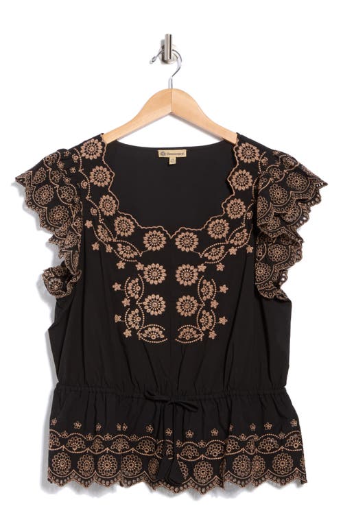 Democracy Embroidered Eyelet Flutter Sleeve Peplum Top In Black