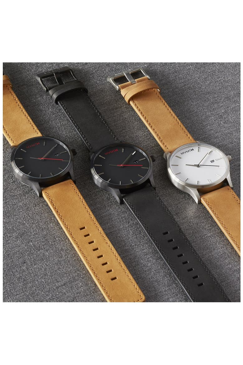MVMT Leather Strap Watch, 45mm, Alternate, color, SILVER
