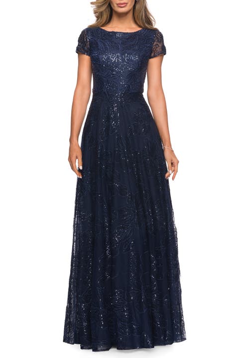 Sequin Lace A-line Gown with Sheer Short Sleeves