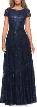 La Femme Sequin Lace A-line Gown with Sheer Short Sleeves