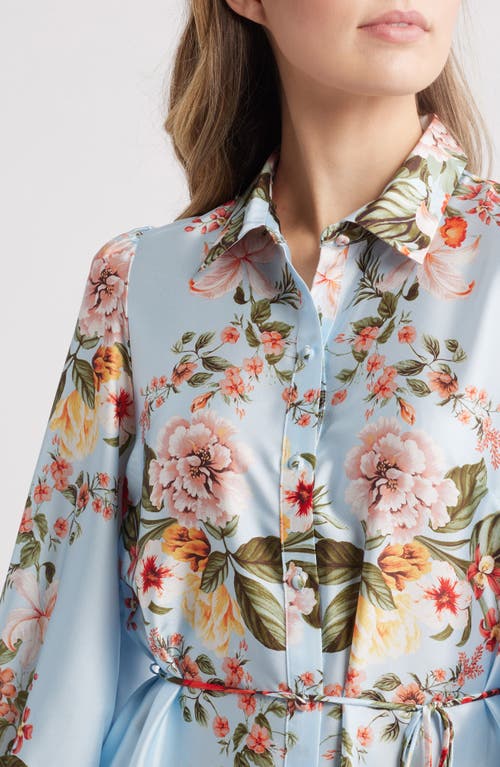 Julia Jordan Floral Long Sleeve Satin Shirtdress In Blue Multi
