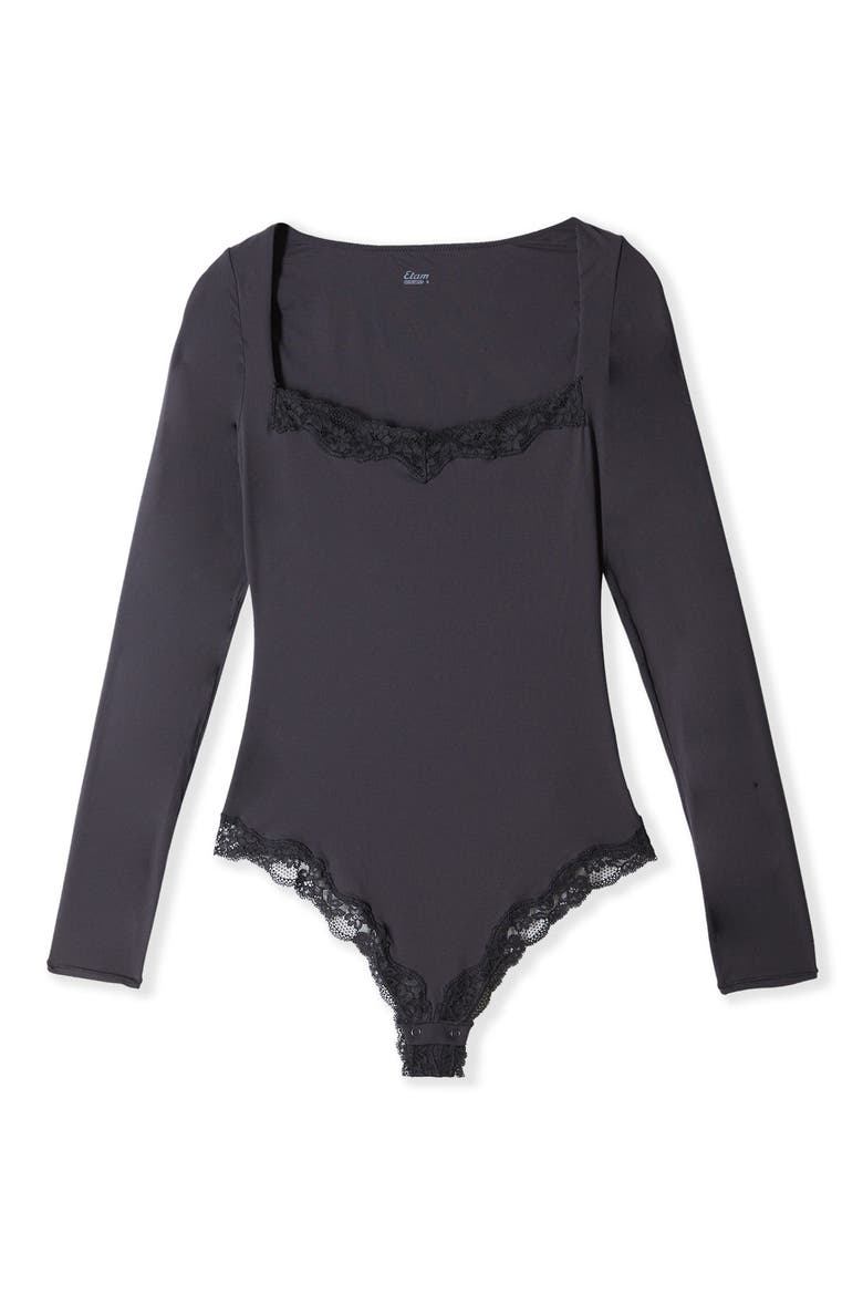 Pure Soft Lace Trim Bodysuit, Alternate, color, BLACK