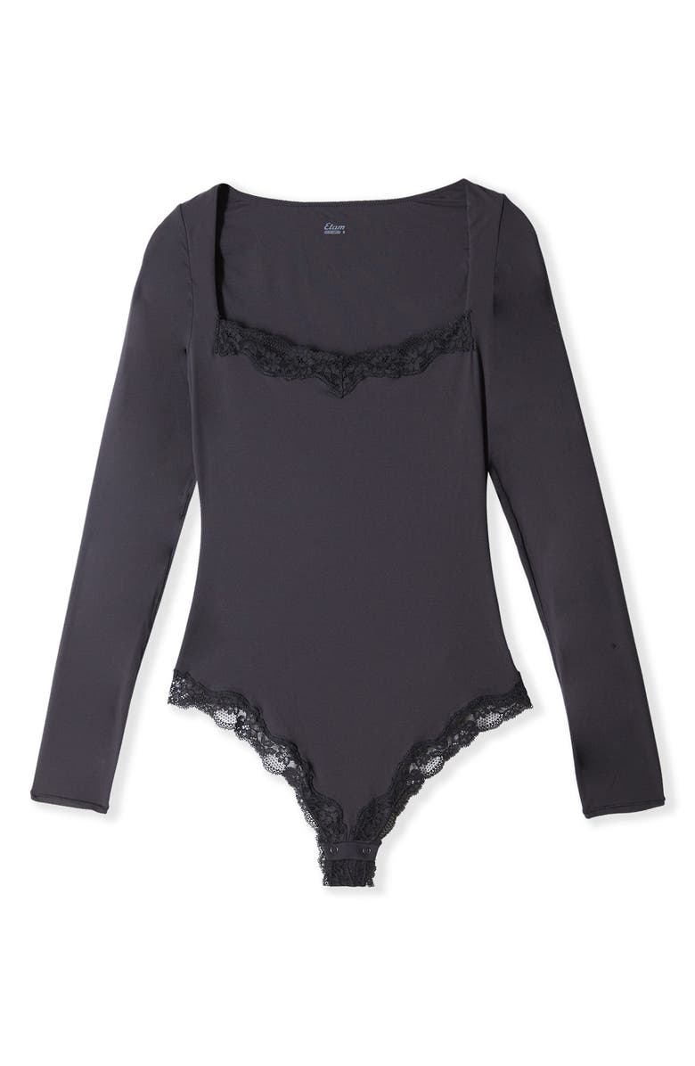 Etam Pure Soft Lace Trim Bodysuit, Alternate, color, Black