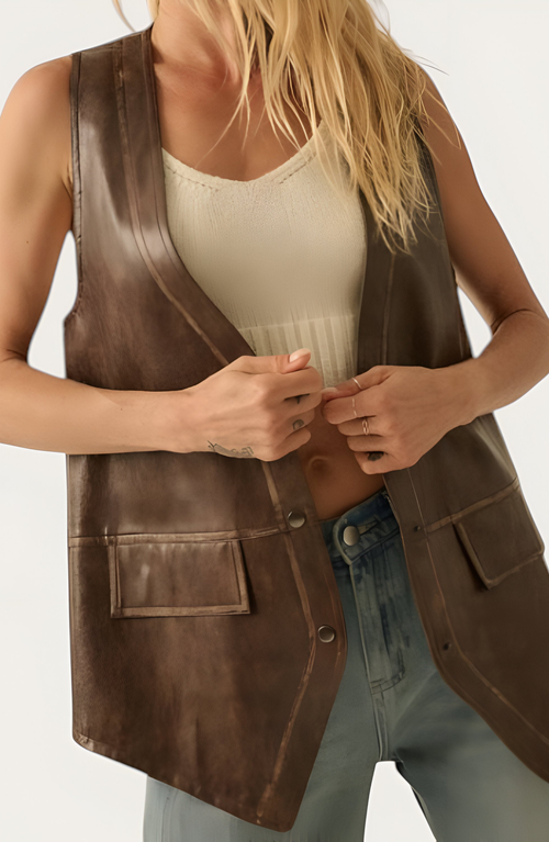 Modenaire Faux Leather Vest With Snap Buttons In Brown
