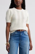 Caslon® Mixed Stitch Short Sleeve Pima Cotton & Merino Wool Sweater