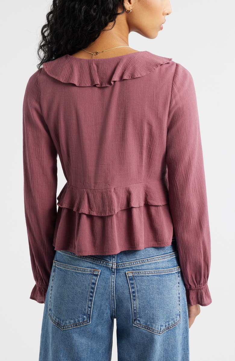 BP. Ruffle Tie Neck Button-Up Shirt, Alternate, color, Burgundy Shade
