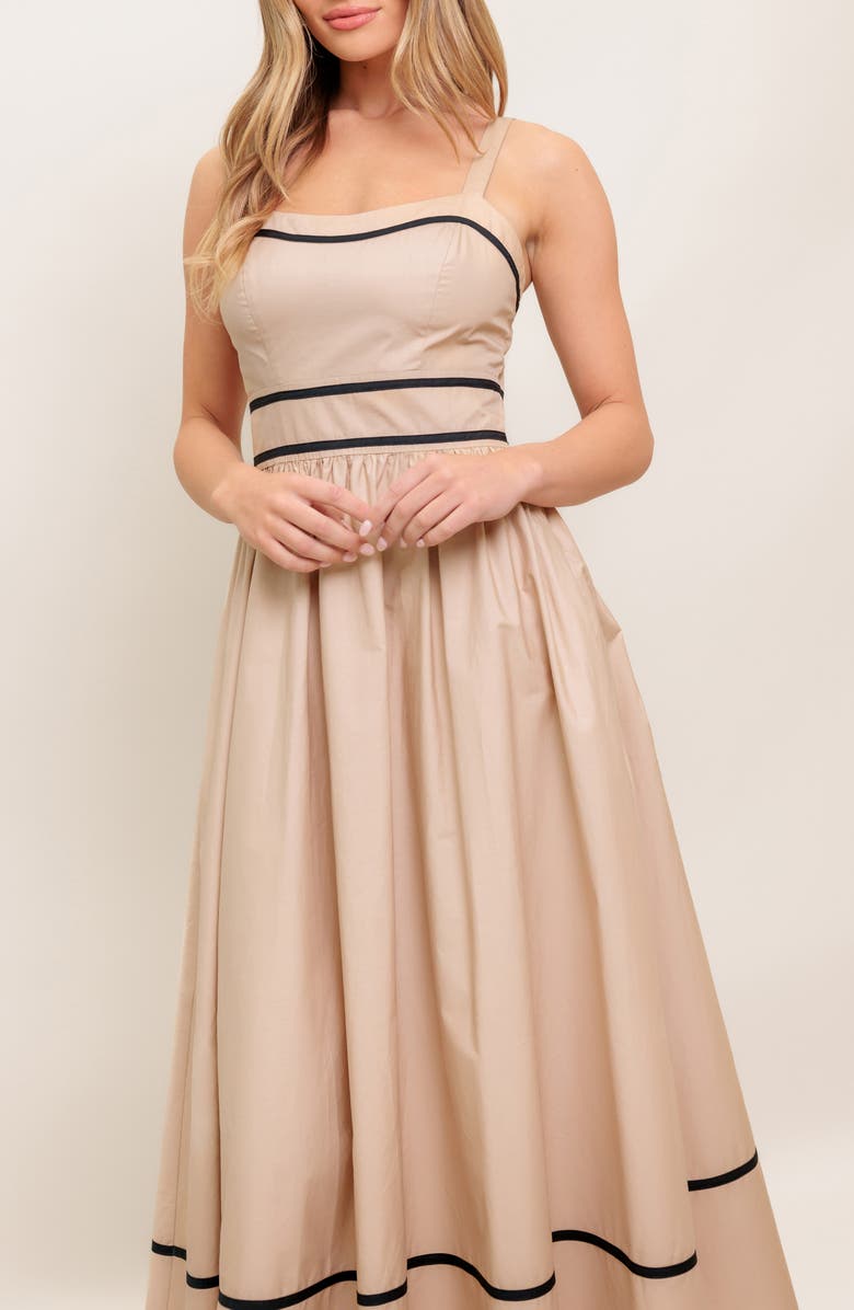 FLYING TOMATO Contrast Stripe Cotton Fit & Flare Maxi Sundress, Alternate, color, Taupe Black