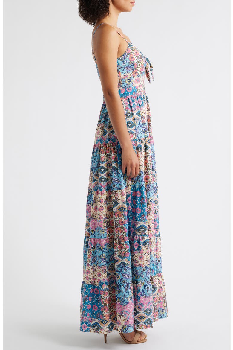 Mixed Print Bow Front Tiered Maxi Sundress, Alternate, color, BLUE MULTI