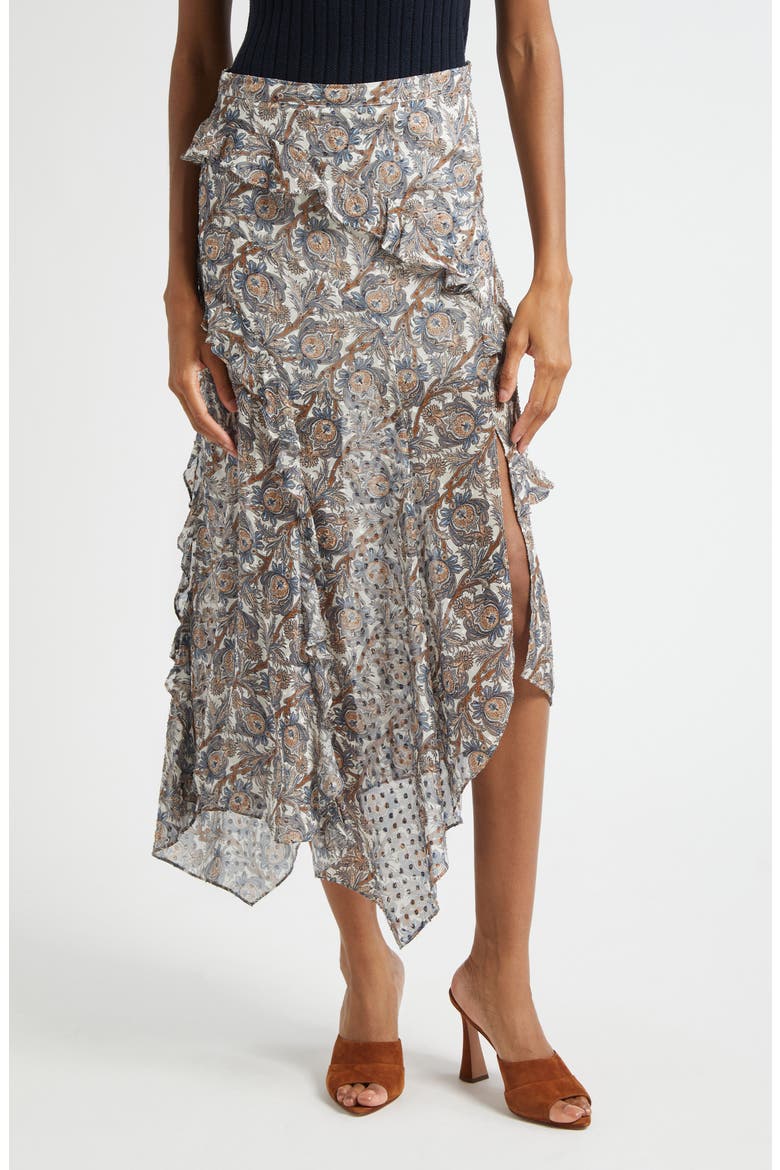 Eleonora Paisley Silk Blend Asymmetric Skirt, Main, color, DOVE MULTI