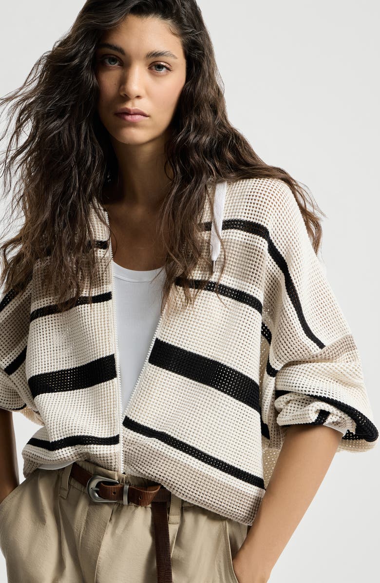 Brunello Cucinelli Net hooded cardigan with zipper, Alternate, color, White