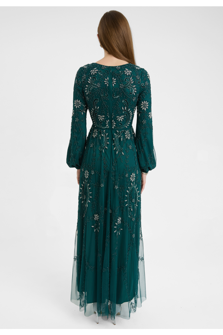 Modest Embellished Sequin Beaded Dress Maxi With A Line Bottom And Sleeve Design, Alternate, color, EMERALD GREEN