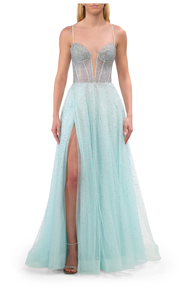 La Femme Prom Gown with Rhinestone Tulle and Illusion Corset Bodice, Alternate, color, Arctic Blue
