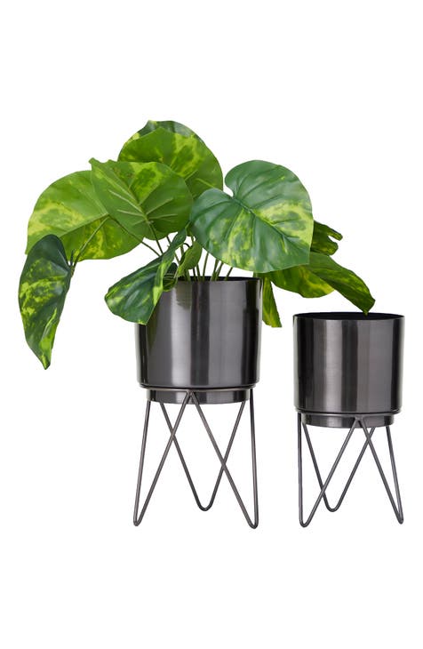 Black Metal Modern Planter with Removable Stand - Set of 2