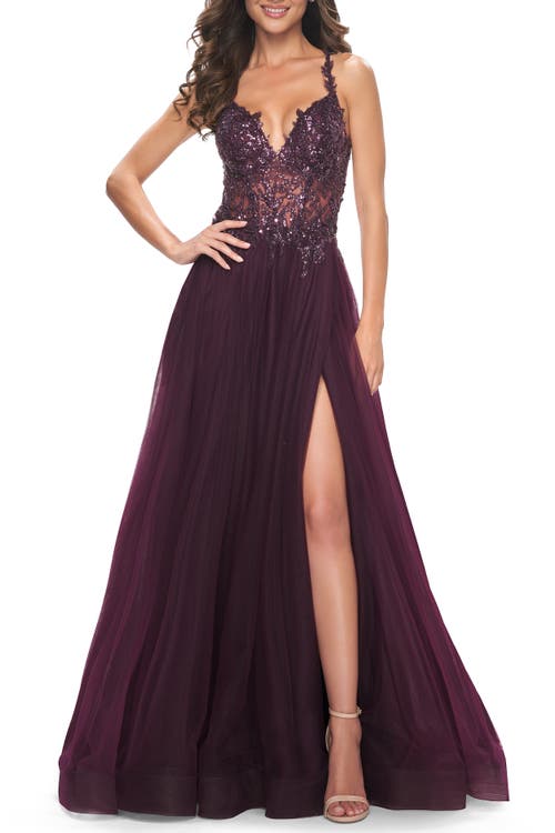 La Femme Tulle A-line Gown With Sheer And Beaded Lace Detail In Dark Berry