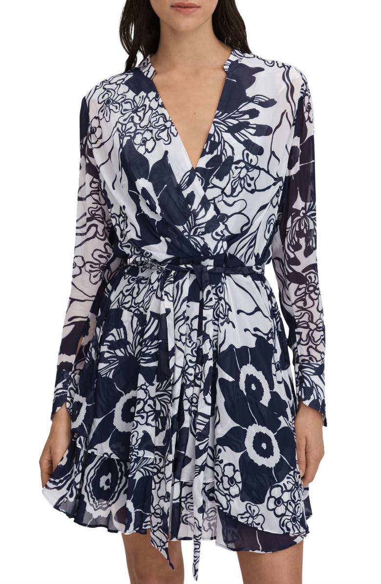 Reiss Sienna Long Sleeve Floral Faux Wrap Minidress, Alternate, color, Navy/ Cream
