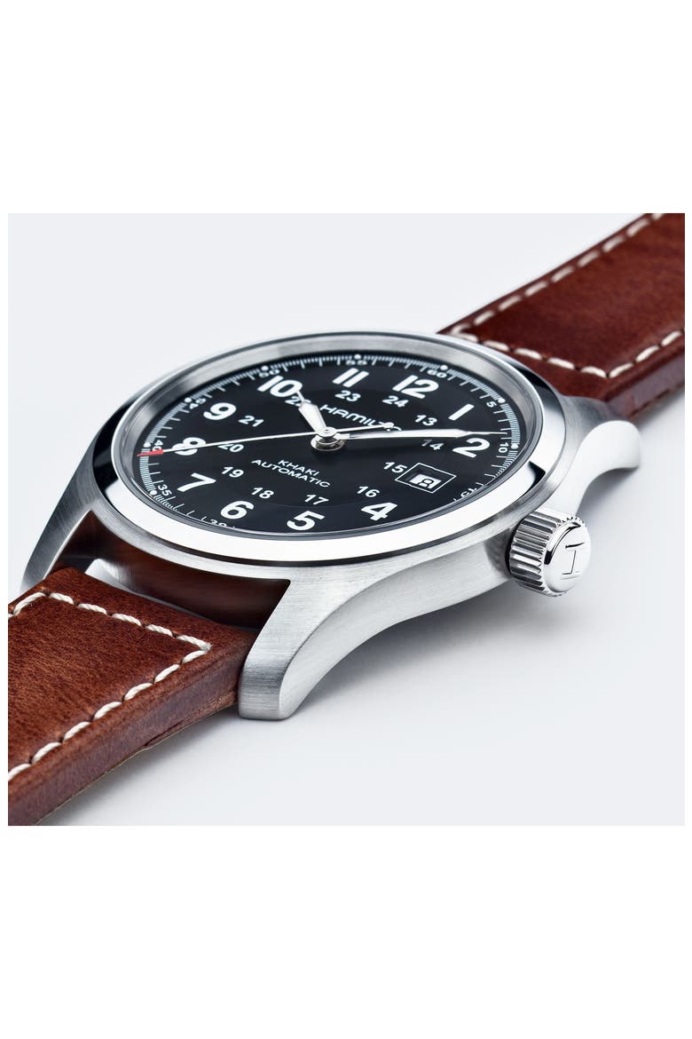 Khaki Field Automatic Leather Strap Watch, 42mm, Alternate, color, BROWN/ BLACK/ SILVER