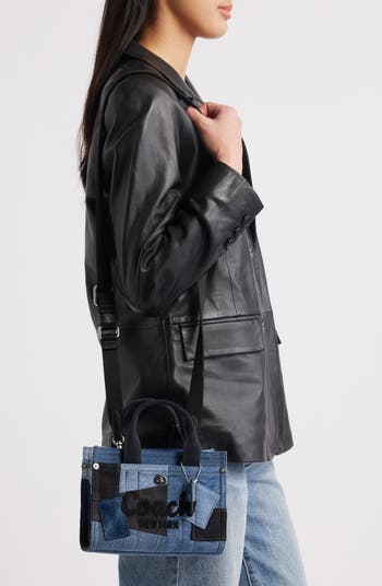 Coach Hampton Denim Patchwork Satchel Brown Leather Women's
