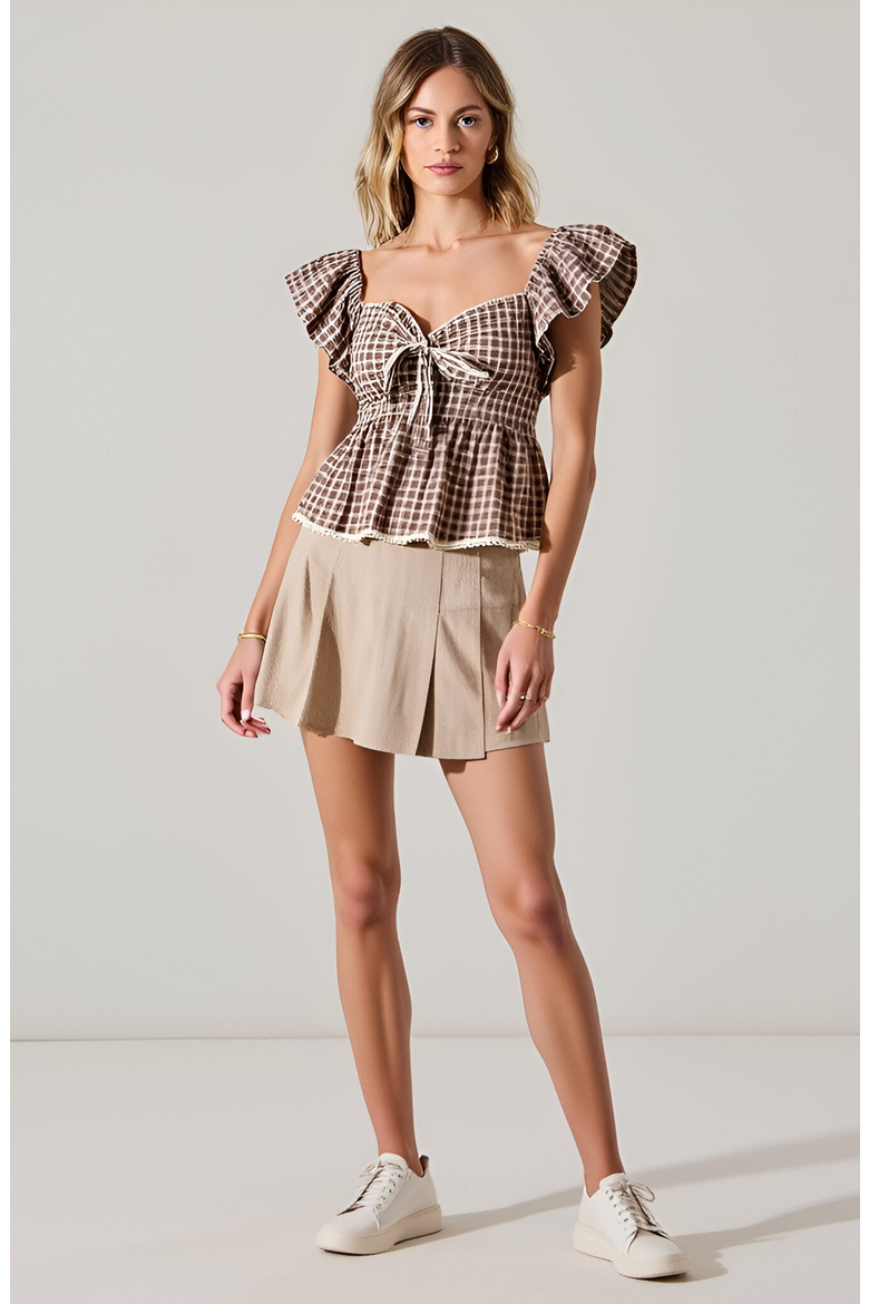 Gingham Peplum Top with Flutter Sleeves and Front Tie Detail, Alternate, color, Gingham