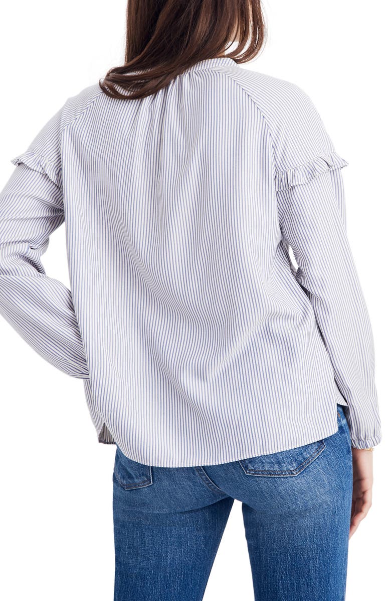 Madewell Stripe Collarless Ruffle Sleeve Shirt, Alternate, color, 