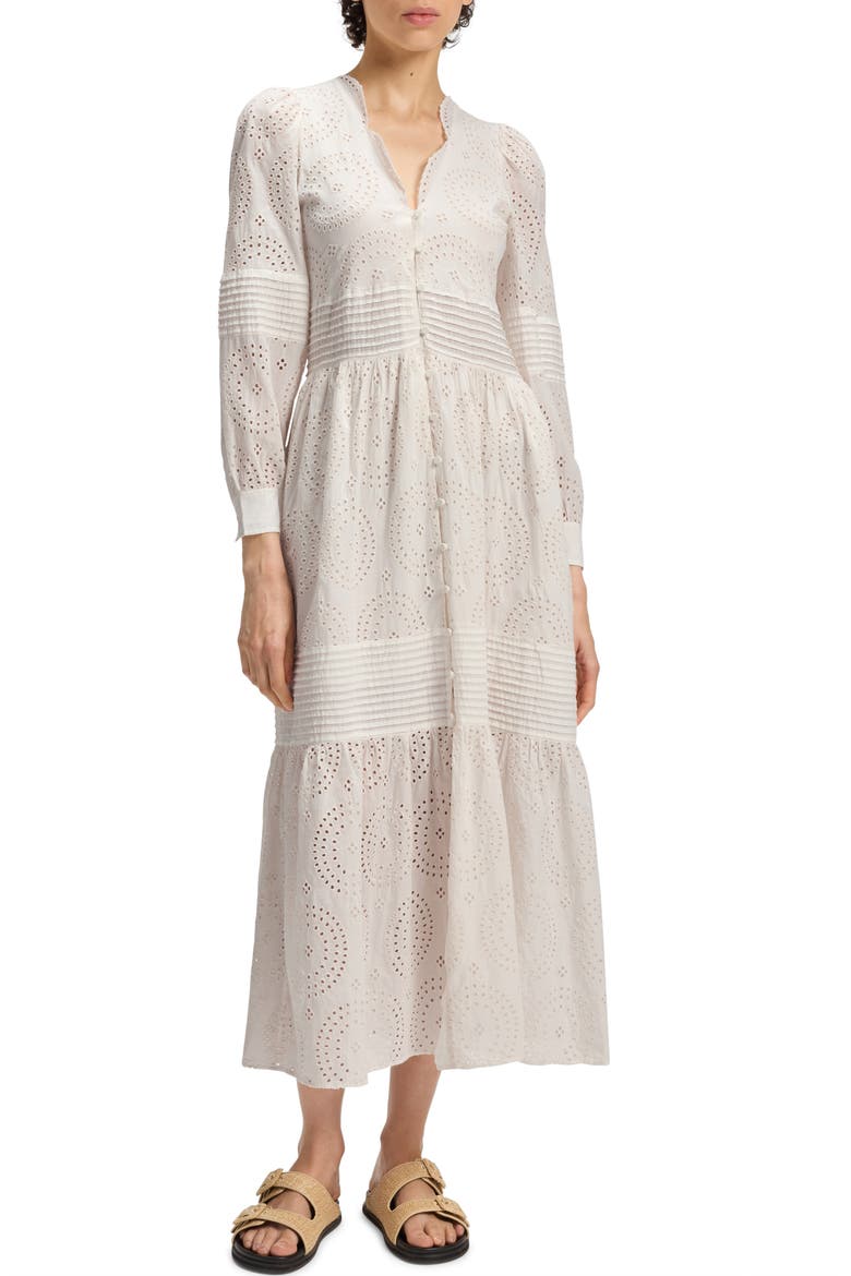 Dabrody Long Sleeve Eyelet Midi Dress, Main, color, OPEN WHT