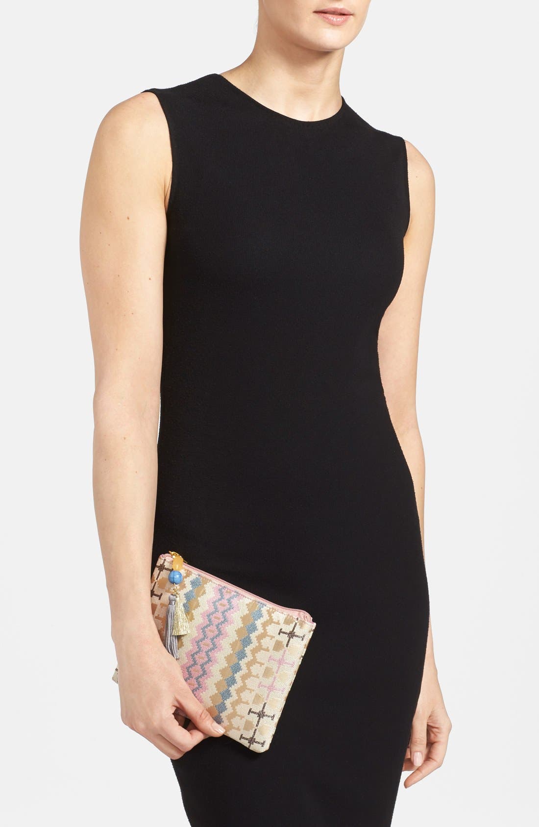 Geometric Print Clutch with Tassel, Alternate, color, PINK