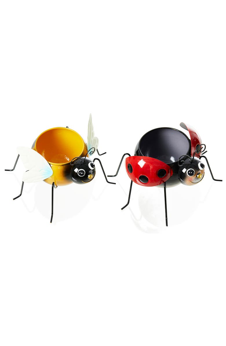 Glitzhome Set of 2 Metal Bee and Ladybug Metal Staute Planters with Drainage Hole, Alternate, color, Red