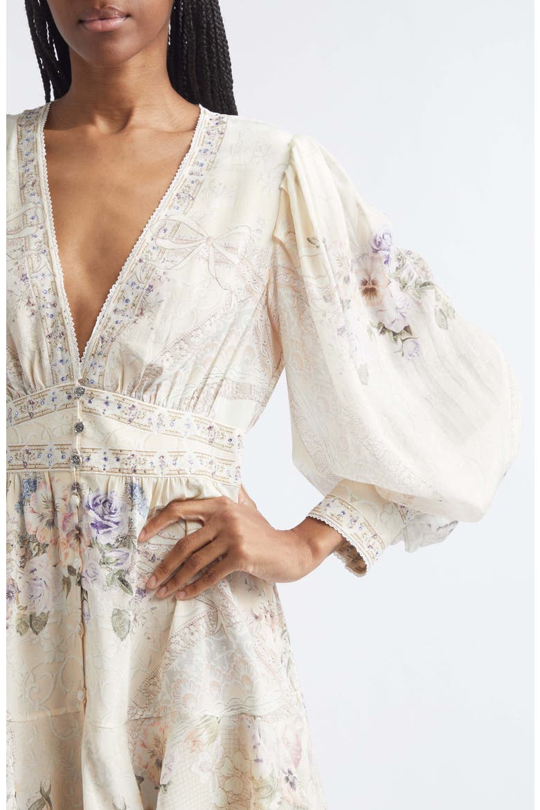 Print Long Sleeve Button Front Silk Frill Dress, Alternate, color, LACED WITH LOVE