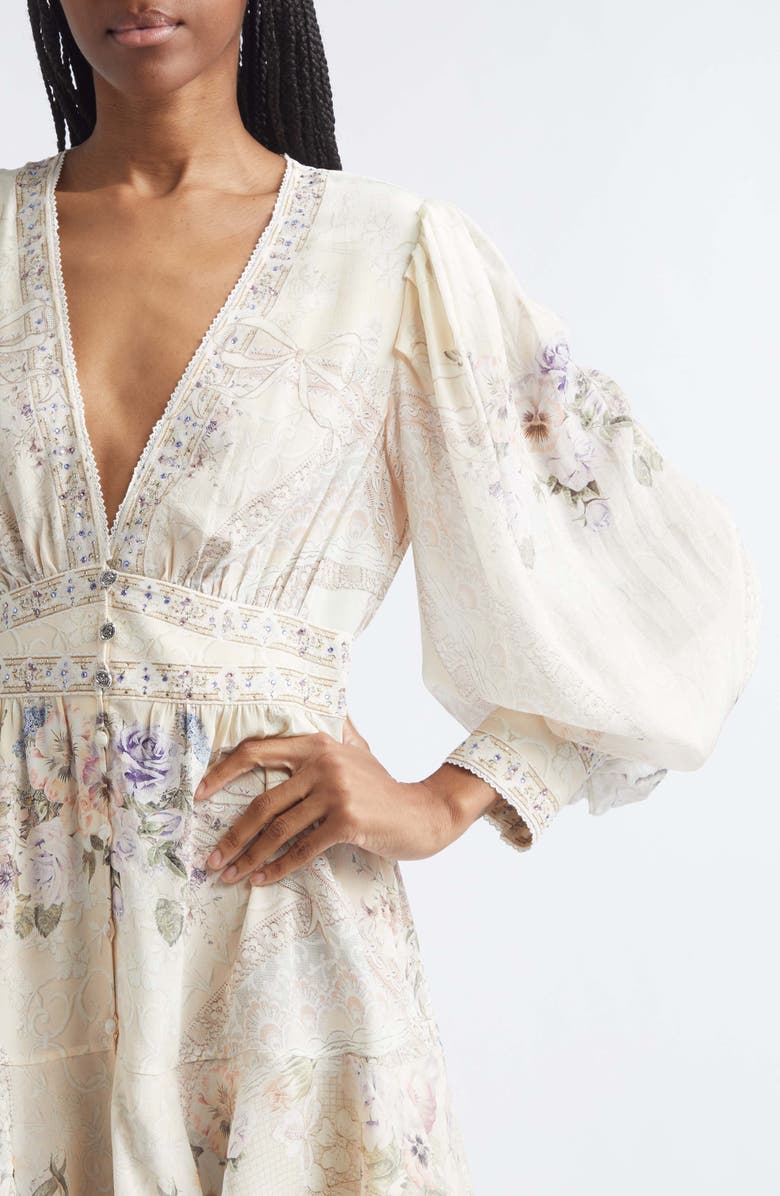 Camilla Print Long Sleeve Button Front Silk Frill Dress, Alternate, color, Laced With Love