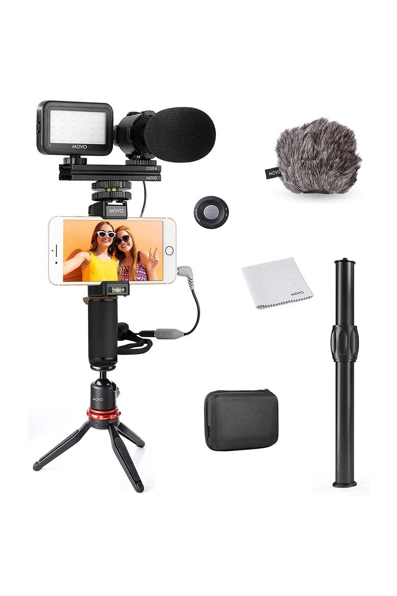 V7+ YouTube Starter Kit - Vlogging Kit for iPhone with Tripod, Grip, Stereo Microphone, LED Light and Remote, Main, color, Black